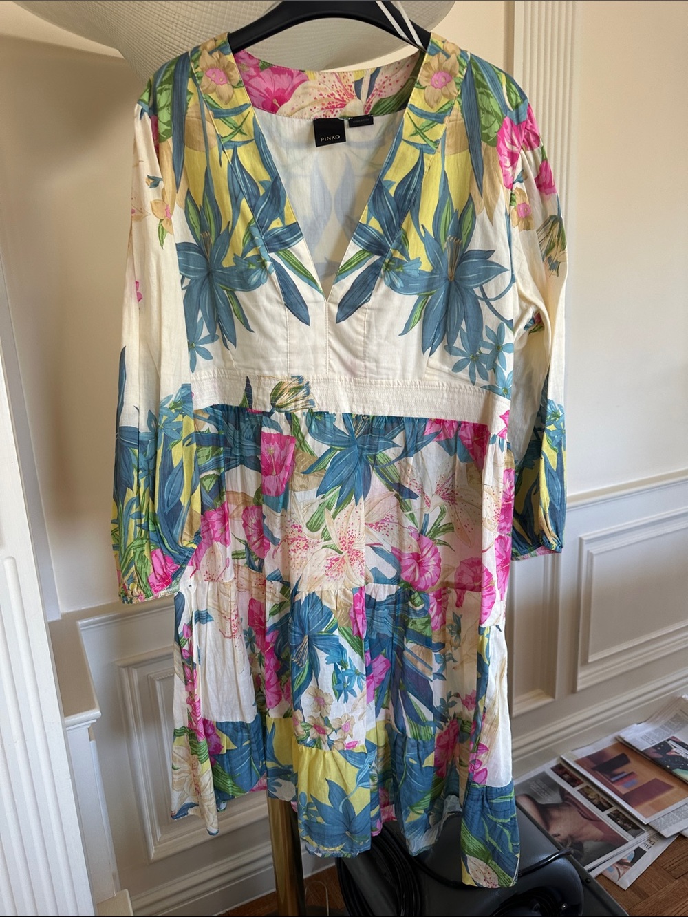 Pinko Floral V-Neck Long Sleeve Cotton Dress in White, Pink & Blue